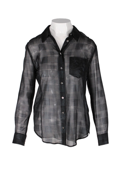  equipment sheer black plaid button up blouse. features button closure up entire center, buttoned lined cuffs, lined pointed collar, breast pocket, and long sleeves. 
