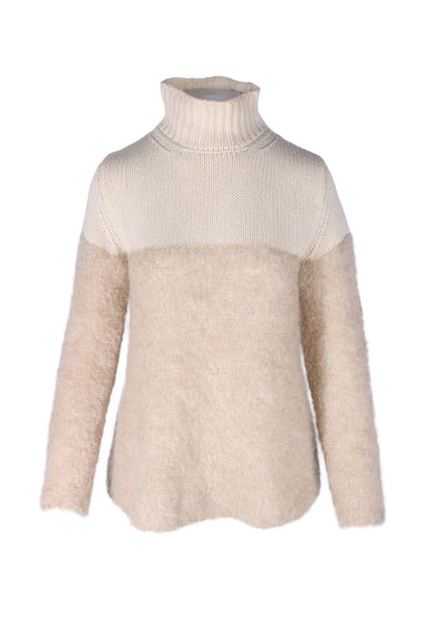 majestic filatures deluxe tricot cream and beige pullover knit sweater. features cashmere/merino wool upper, loosely-woven mohair blend lower, and  rib knit mock collar. 
