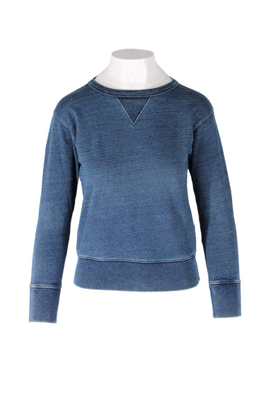 double rl indigo blue crew neck sweatshirt. features triangle bib beneath rounded collar, long sleeves, long sleeves, and ribbed collar/cuffs/hem. 
