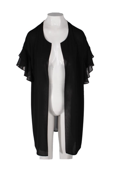 joseph ribkoff black short sleeve sheer top. features layered flutter sleeves, open front design, and longline silhouette. 