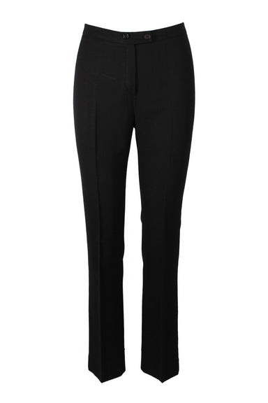 vintage prisma black twill pants. features creased center front + back leg, tailored fit, and zipper fly with 2-button waist. unlined. 
