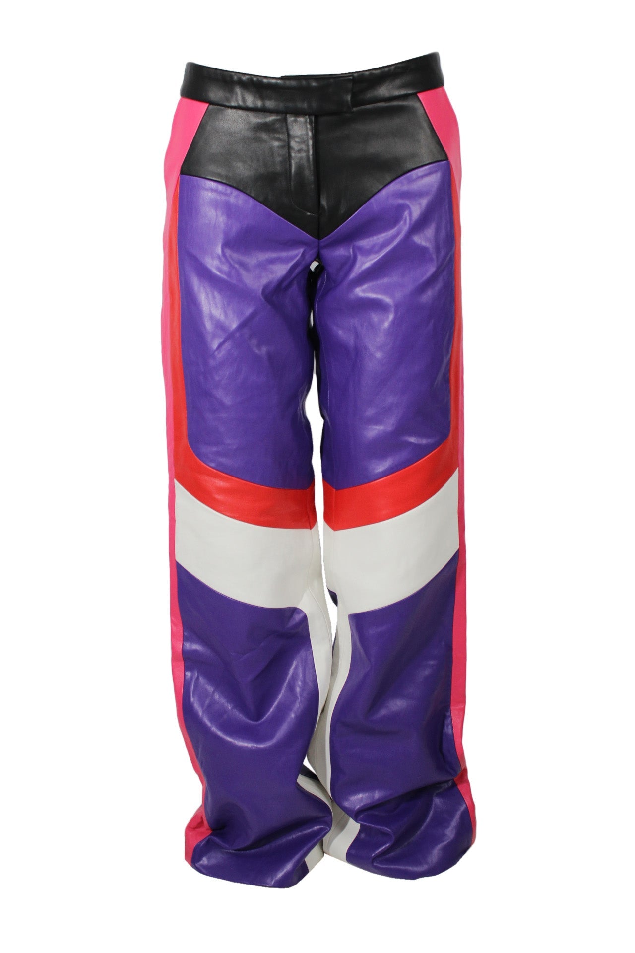 lado bokuchava multicolor vegan leather pants. features purple/pink/red/white/black geometrical shapes design throughout, straight leg, zip and snap button closure.