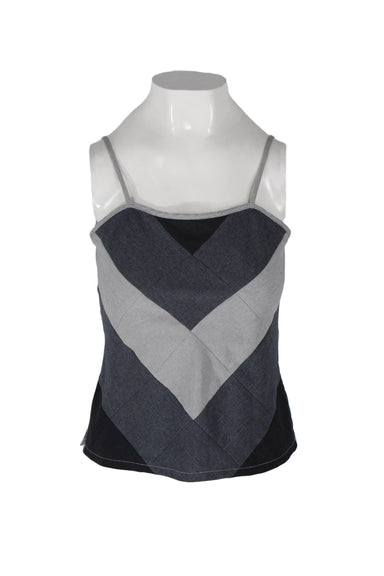 vintage elmar collezioni grey patchwork tank top. features shades of gray patchwork stretch fabric in v formation, zipper closure up center back, piped straight neckline, split hem at both sides, and thin spaghetti straps. 