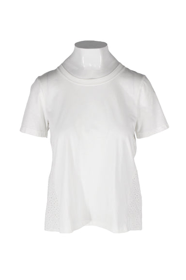veronica beard jeans white cotton t-shirt. features open weave floral eyelet lace back, plain cotton front, ribbed rounded collar, and short sleeves. 