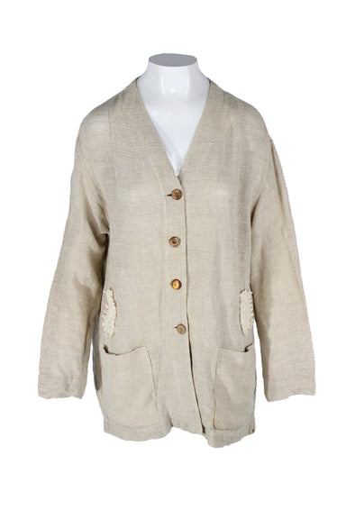 vintage wheat loose-weave cardigan. features v-neckline, oversized lower patch pockets, brown toned coconut shell + plastic 4-button closure, and ivory doily embellishment.  