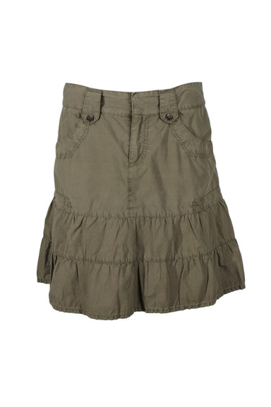 twik la maison simons olive cotton poplin mini skirt. features curved front pockets, belt loops, tiered/gathered lower, and zipper fly. unlined. 