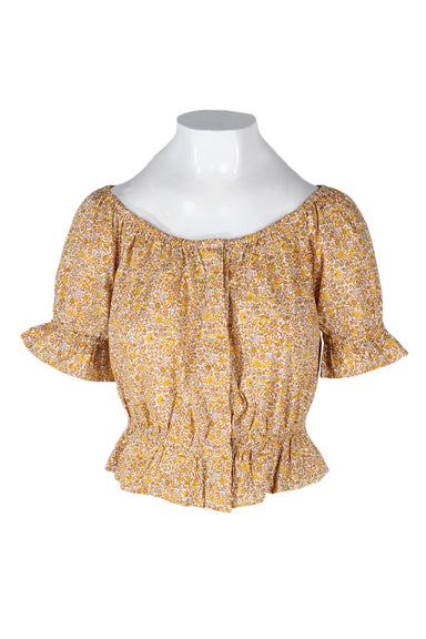 j.crew white/multicolor short sleeve crop top. features marigold/brown toned floral print throughout, elastic neckline/cuffs/waist, and concealed front button closure. 