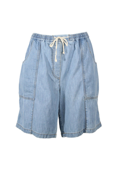 rachel comey pale blue denim culotte shorts. features wide leg, oversized front pockets, rear patch pocket, contrast stitching, and drawstring waist. 