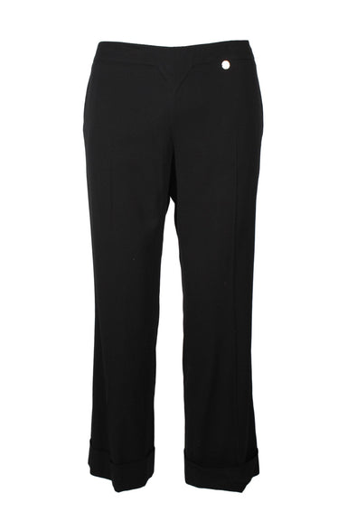 versace collection black cropped pants. features pointed front waistband, silver toned, medusa-stamped embellishment; front slash pockets, creased leg front + back, cuffed hem, and invisible back zip closure. unlined. 