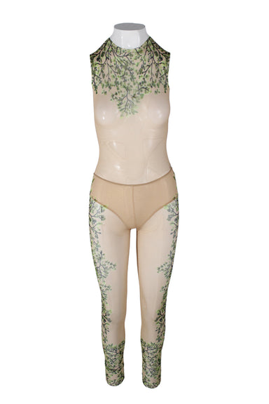 description: dsquared2 blush sheer green tree print bodysuit and leggings set. features bodysuit with zipper closure at center back, hook closure at crotch, and slip-one leggings with no closure. material is stretchy. 