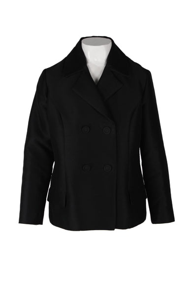 vintage travers town originals black long sleeve blazer. features notch lapels, flap pockets at waist, and double button closure; fully lined.