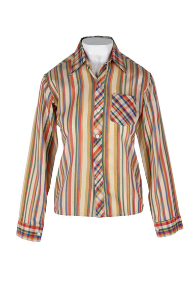 vintage multicolor wool blend long sleeve button up. features striped print throughout, spread collar, patch pocket at left bust, contrast stitching, button at cuffs, and pearl button closure; slim fit.