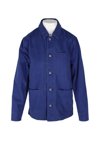 vintage wallace and banes blue canvas jacket featuring a classic collar, contrast button closures, slip pockets at chest and lower front and slightly boxy fit.