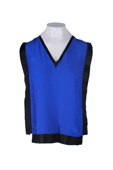 drew blue and black silk sleeveless top. features contrast panel details at sides, v neckline, and asymmetrical hem.