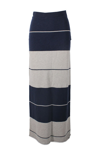 acne studios blue navy and grey cotton blend maxi skirt. features striped pattern throughout, elasticized waist, raw hem, and zip closure at left side; slim fit.