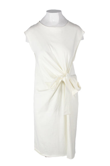 tela off white cotton sleeveless t-shirt dress. features crew neckline, self tie detail at waist, raw edges, midi length, and zip closure at back.