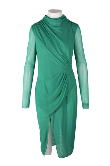 sally lapointe turquoise dress. long sleeved dress features a mock neck, concealed zip closure at the back, asymmetrical draping motif, flat pleats along the waistline, mesh fabric throughout with unlined sleeves, a ~14" side slit at the front and a semi fitted silhouette. 