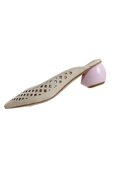 description: jaggar the label beige knit heels. features pointed toe silhouette, purple ball heel, and slip on style. 
