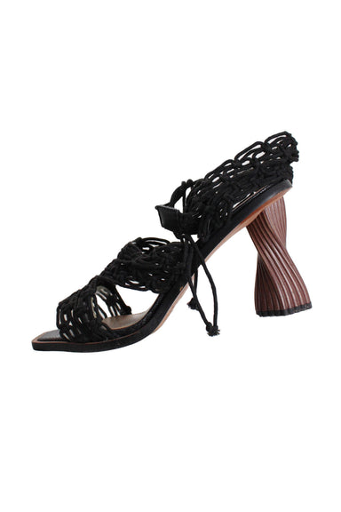 sam edelman black woven ankle wrap with sculptural heel sandals. black macrame style ankle wrap strap. peep toe. 4" high brown twisted sculptural heel.