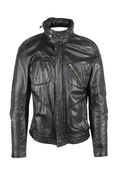 description: yigal azrouël leather black jacket. features zipper closure pockets throughout, concealed hood, and high neckline.