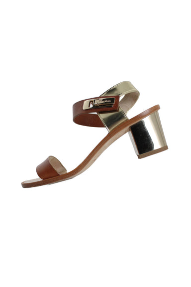 max mara brown and gold metallic silhouette sandals. features almond toe, gold toned hardware, and logo embossed at adjustable lock closure. original box included.