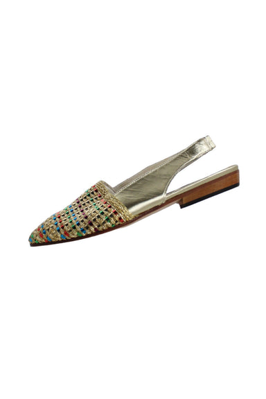 vintage sesto meucci embellished gold leather flats. features multicolor woven ribbon design at toe, sling foot strap, and ~0.75" heel. 