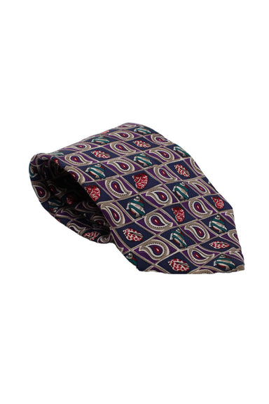 vintage christian dior multicolor silk tie. features diamond-shaped pattern throughout with shell, fish, and paisley prints in pure silk fabric. 