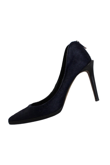 helmut lang blue navy high heels. features fur throughout, pointed toe, zip at back heel, square shape at top heels, and slip on fit.