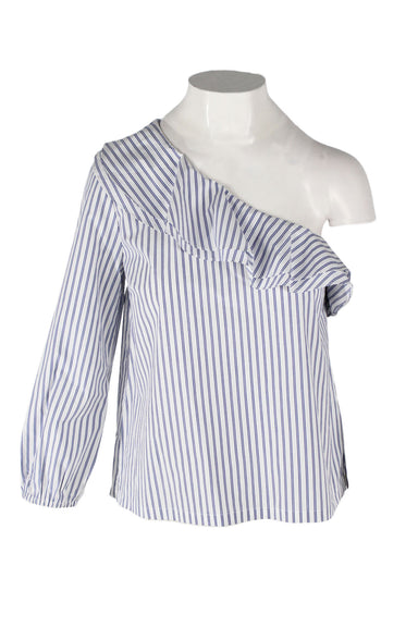 : j.crew white & blue striped asymmetrical top. original tags attached. features relaxed petite fit, ruffled asymmetrical yoke, long sleeve at right arm, zip closure at side.