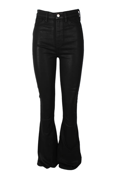 7 for all mankind black flare pants. features waxed effect throughout, 5-pocket style, waist loops, high rise, zip fly and button closure.