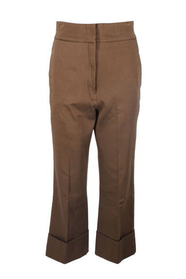 lemaire brown high waist cuffed pants. features cinched buckle behind waist, long zipper closure with hook fastener, two slit on-seam pockets, thick waist band, and slightly stretch fabric throughout. 